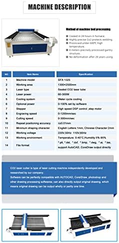 300W Yongli DLT-300 1.3x2.5m Big Size Cutter Laser Ruida 6445g Controlador com luminária S&A Chiller de água para corte de madeira, tecido, acrílico, couro, MDF, papel, plástico, Plexiglax, Plywood