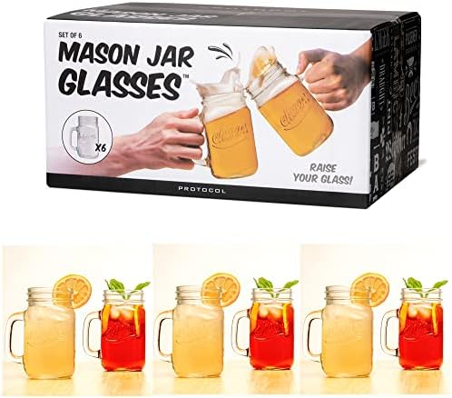 Protocolo Mason Jar óculos com alças | Conjunto de 6 | 16 oz | Copos de bebida seguros para lava -louças | Perfeito