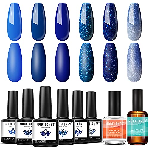 Modelones 8pcs Primer de unha e desidratador de preparação de unhas com esmalte de gel de gel azul escuro Conjunto