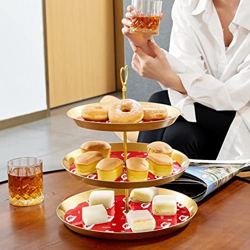 Conjunto de bolo de 3 cupcakes de 3 camadas Stands reutilizáveis ​​Plates de pastelaria para decorações de festas de chá de aniversário de casamento, padrão de harpa de desenho vermelho