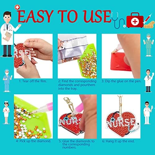 Eveciloo 12 PCs Nurse Semana Diam Diamond Keychain, Keychain do Dia da Enfermeira da Arte de Diamante 5D, Presentes de