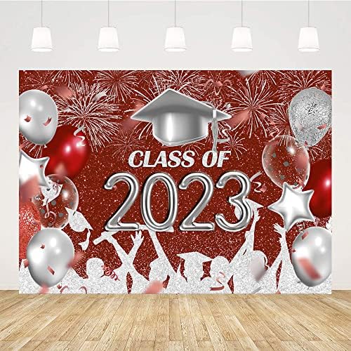 Ticuenicoa 7x5ft Red e Silver Graduação Fotografia Classe de cenário de 2023 Balão de Bacharel Backelor Balloon para graduação Parabéns Decoração de decoração Photo Studio