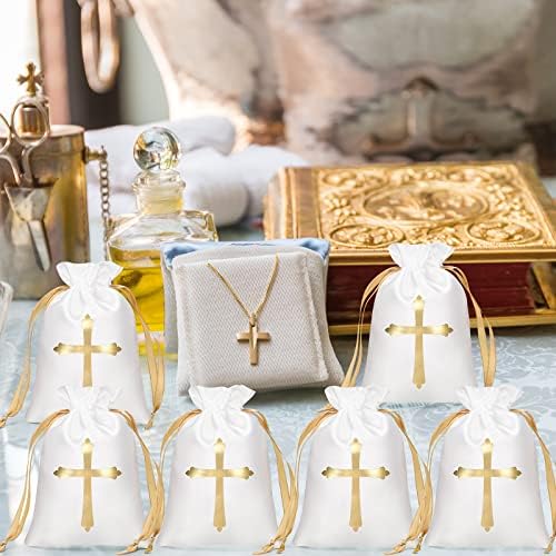 PERKOOP 50 PCS Gold Cross Satin Sacos com cordão de prateleira de 4 x 6 polegadas Favor de festas de presentes Brancos de Baptismo