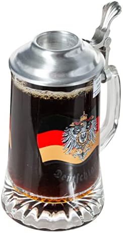 Alemanha Deutschland Flag e Crest Glass Beer Stein com tampa de metal e elevador de polegar com copo de tiro combinando
