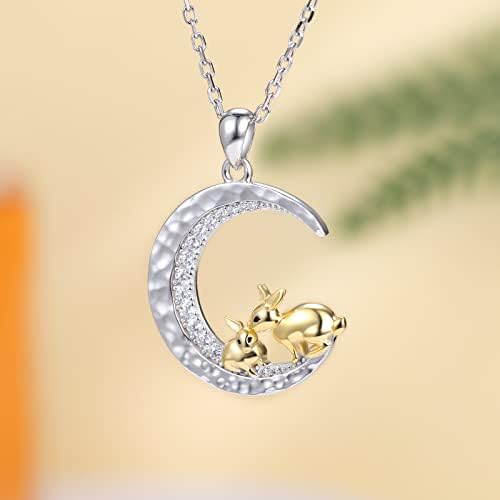 Jzwuyan Bunny Moon Pingente Colar Gifts - S925 Silver Hammersed Crescent Moon Rabbits Colares pendentes para mulheres, Bunny Gold Amo você para a Lua e Jóias de Jóias para meninas