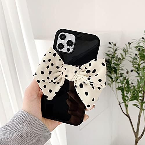 Caixa fofa de Bowknot compatível com iPhone 12/12 Pro para meninas Kawaii White Black Polka Dot Pano Bow Ultra Slim leve