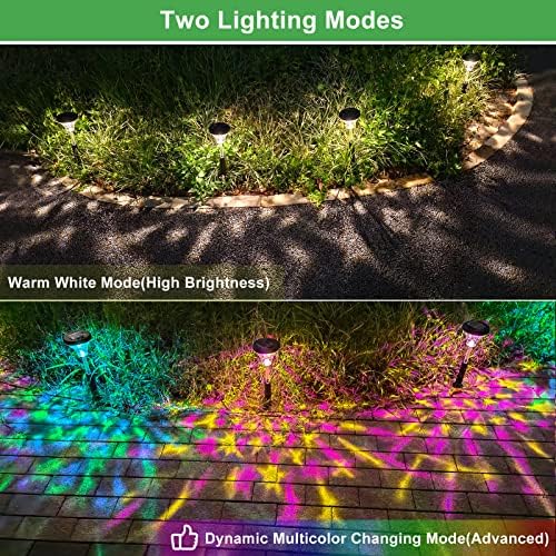 Luzes solares brilhantes de caminho ao ar livre 8 pacote, troca de cores+luzes solares solares brancas quentes à prova d'água, luzes solares solares de jardim, iluminação de paisagem LED decorativa para o jardim da passarela do quintal