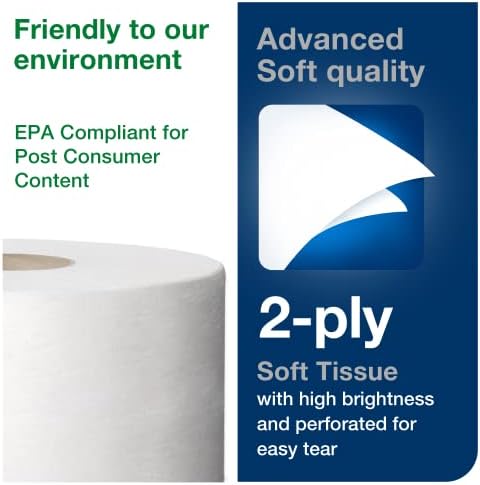 Tork mini jumbo de banho de tecido - toalhas de papel higiênico, compatíveis com dispensador de Tork T2, 12 rolos x 1075, lençóis de 2 camadas, cor: branca, 11020602 e papel matic hand towel roll h1, universal