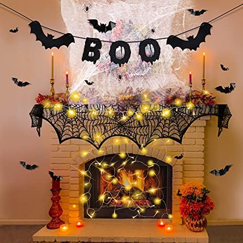 Decorações de Halloween Indoor, Spider Web lareira Mantel Sconhe, 50 luzes LED, banner de Halloween, morcegos em 3D,