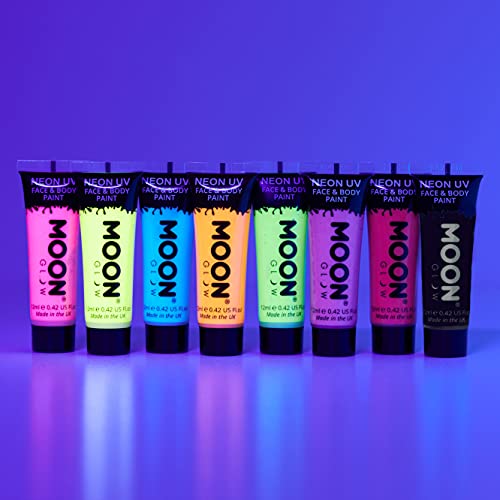 Lua GLOW - NEON Blacklight UV Face & Body Paint - 0,42 oz de 16 - inclui 7x cores intensas e 7x pastel, além de branco e preto. Os chaveiros da Blacklight também incluídos!