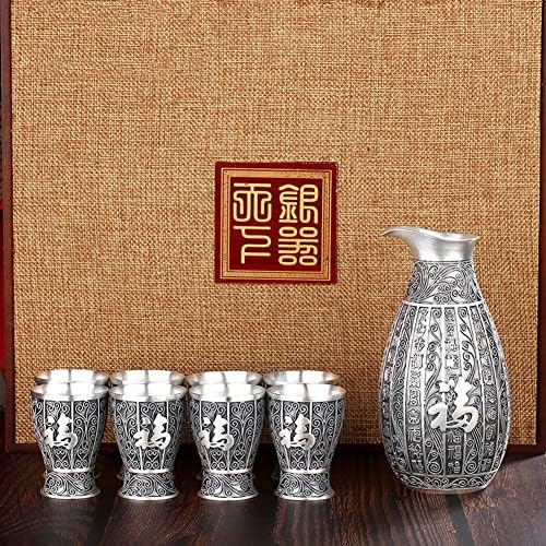 S999 Conjunto de vinhos de prata esterlina, símbolos chineses esculpidos em símbolos de flagon cup, para vodka, conhaque,