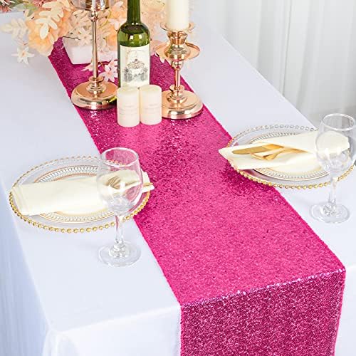 Corredor de mesa de lantejoulas 14''x108 '' Mesa de glitter rosa quente Runner Decorações de chuveiro de noiva Fuchsia Tabela de tabela de mesa Corrers de mesa de casamento 108 polegadas de comprimento Decoração de mesa de eventos