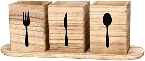 4 peças Toutware Caddy Utensil Suport para organizador de talheres de bancada com colher de bandeja de madeira e suporte