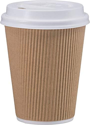 NYHI Conjunto de 150 xícaras de papel descartáveis ​​marrons com tampas brancas | Kraft isolado Ripple para bebidas quentes - chá e café | Design de camada tripla | Papel reciclável e durável