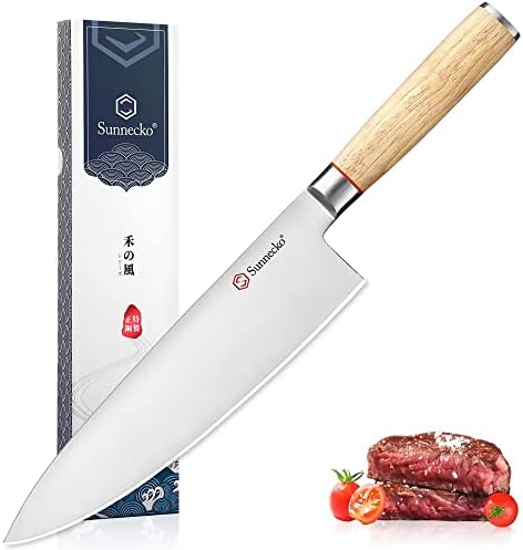 Faca de chef japonesa de sunnecko 8 polegadas, faca de cozinha afiada com 440c de lâmina de aço inoxidável de alto carbono faca de cozinha profissional, faca gyuto com faca de madeira de madeira de carvalho branco natural