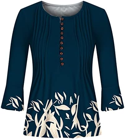 Tops femininos estampados florais 3/4 manga Henley Crewneck Camise