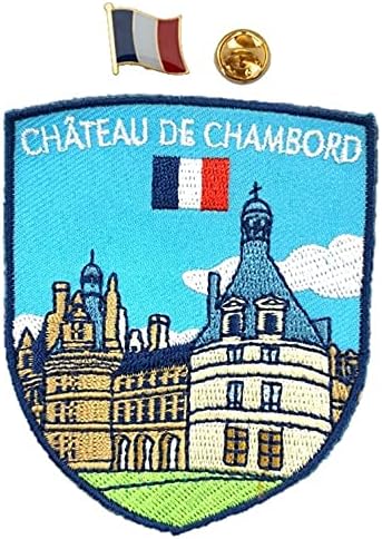 A-One 2 PCS Pack-Château de Chambord Patch+France Flag Pin, arquitetura de estilo Renaissance, Parque Nacional, Landmark Serie Patch, ótima escolha de presente para decoração de roupas No.302p