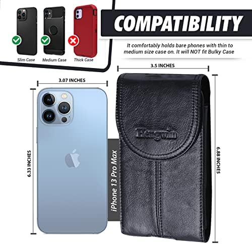 Hengwin Black Genuine Leather Cell Celster e bolsa de celular de couro preto Fits para iPhone 14 Pro Max Samsung Galaxy S23 Ultra,