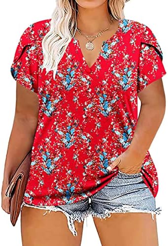 Blusa feminina para o verão 2023 plus size size feminino casual pétala manga impressa camiseta em vil de deco