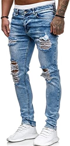 Jeans angustiados de masculino, buracos quebrados, calças jeans esticadas destruídas destruídas as calças de perna reta Jean