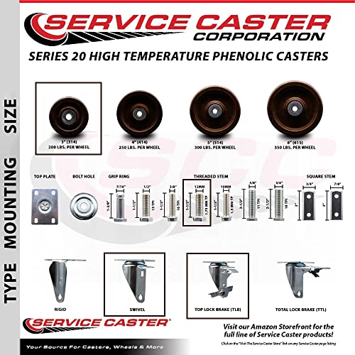 Alta temperatura giratória fenólica giratória caule com rolamento de rolos de 4 w/3 x 1,25 Rodas marrons e hastes de 12 mm - inclui 4 com freios de trava superior - 1200 lbs Capacidade total -Service Caster Marca