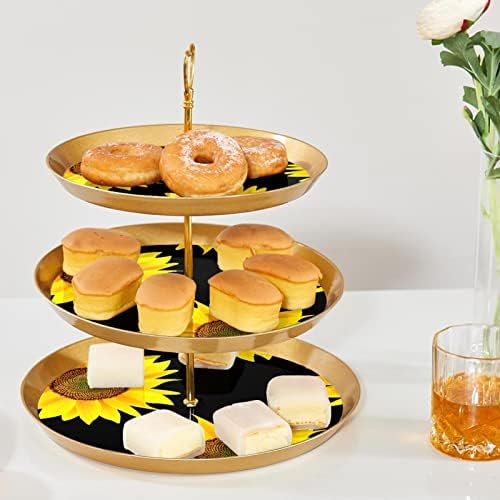 Torre de suporte de cupcakes de plástico de 3 camadas com bandeja de porção em camadas, árvore da torre de cupcakes dourados, exibição de sobremesa de fundo preto de girassol amarelo para doces para donuts de frutas