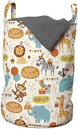 Bolsa de lavanderia de aniversário lunarable, feliz aniversário, vasia de letras de leão zebra girafa, cesto de cesto com alças fechamento de cordas para lavanderia, 13 x 19, multicolor