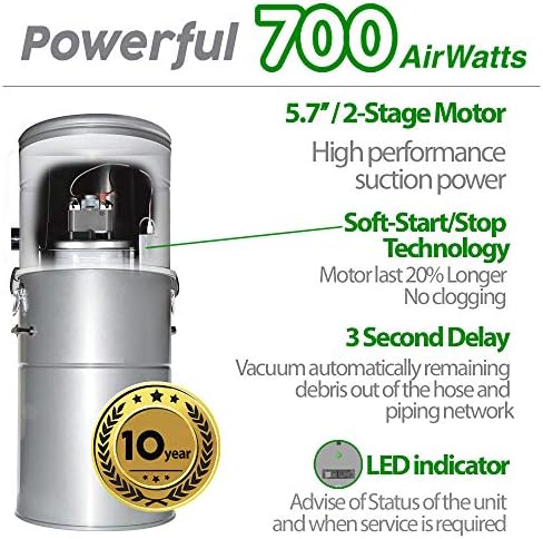 OVO Airwatts Sistema de vácuo central poderoso e poderoso, filtração híbrida 35L ou 9.25Gal, 700 Watts de ar com kit de acessórios de luxo de 30 pés incluídos, branco