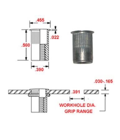 AKS250-20-165 Flange pequena de noz fina de alumínio, acabamento simples, 1/4-20 x 0,030-,165 Faixa de aderência