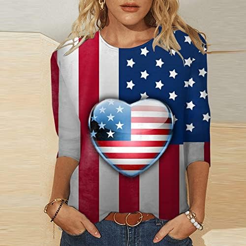 4 de julho Camisas para Women USA Flag Summer 3/4 Sleeve Crewneck camisetas de três quartos de manga respirável blusa confortável