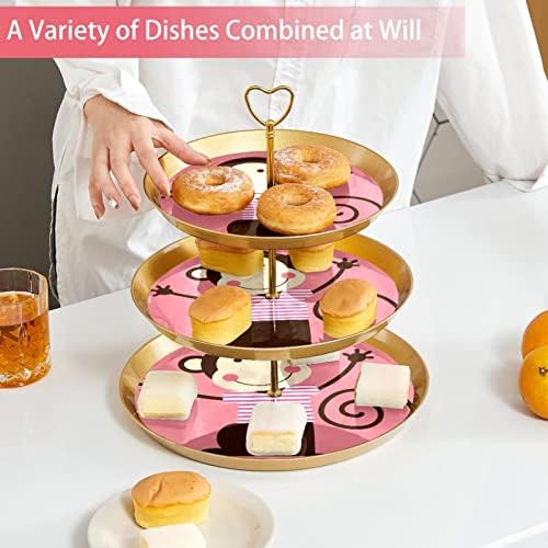 3 Placa de fruta de cupcakes de 3 camadas de sobremesa Plástico para servir suporte de exibição para casamento de aniversário Decorações de chá de chá de chá de bebê redondo, fofo animal macaco rosa