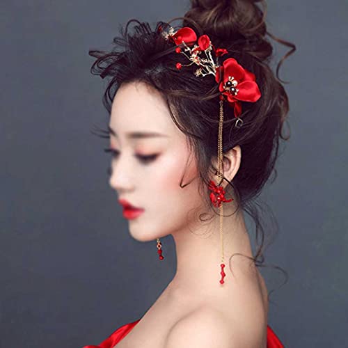 FZZDP TRENDY 3PCS/Set Bandas de cabeça de flor de pérolas vermelhas para mulheres borlas de noiva Tiara Hairband Wair Wedding Bride
