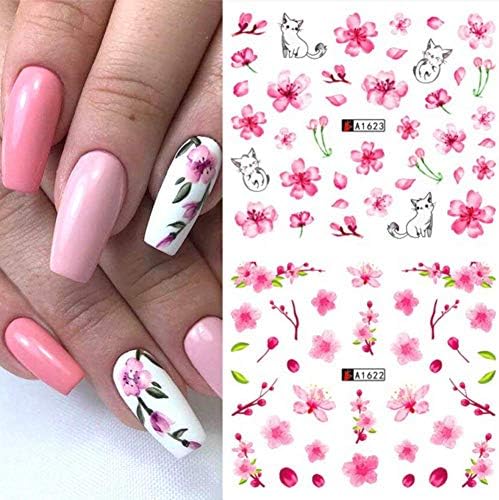 EoooTo Sakura Nail Art Stickers, 12 folhas de primavera e verão Flor pequena adesivos de unhas florais Blossoms de cerejeira