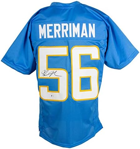 Shawne Merriman assinou assinou a camisa de futebol Blue Pro Style Bas ITP