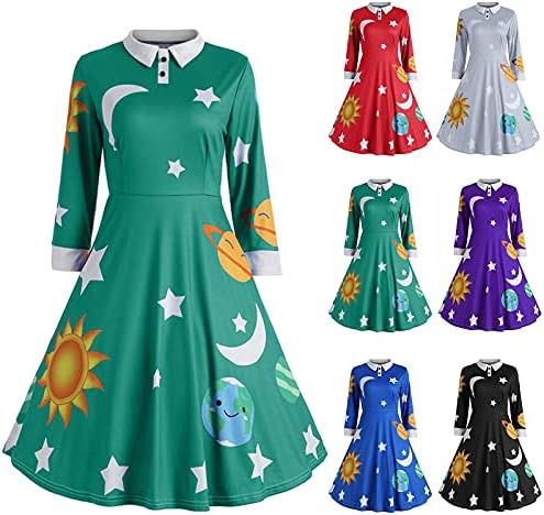 NIUQI Vintage feminino Peter Panel Collar não posicionado Lua e estampa estampa uma linha vestidos Sra. Frizzle Costume