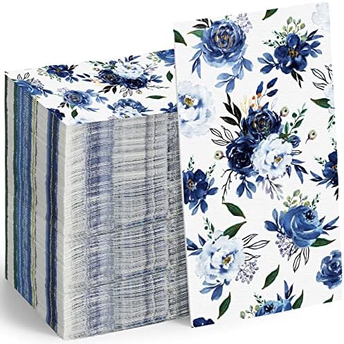 Pacote de 100 guardanapos florais azul marinho toalhas de mão descartáveis ​​azuis e brancos guardanapos florais de