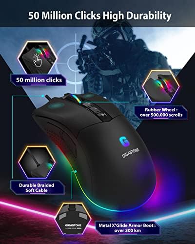 Mouse de jogos Gigastone com 16000 dpi ajustável, luz de fundo RGB, sensor óptico, 10 botões programáveis, mouse de jogos RGB com memória