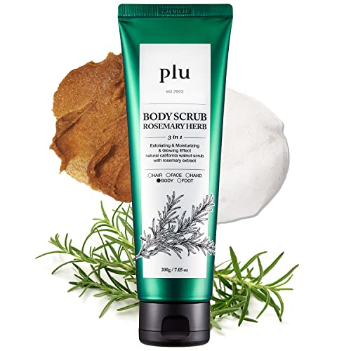 PLU Original Walnut Body Scrub Polish - Rosemary Herb - esfoliante e hidratante e brilho - para acne, celulite, estrias,