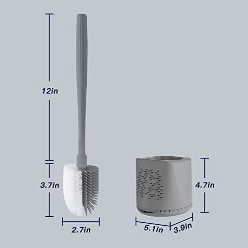 Escova e suporte do vaso sanitário, 2 em 1 Cabeça de silicone e cerdas de nylon, lavador de vaso sanitário moderno para banheiro, montado na parede ou de pé, cinza