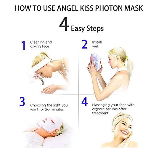 Angel Kiss Led Mask Light Therapy, 7 cor azul e terapia vermelha para o rosto, Máscara de fóton de tratamento facial de tratamento facial para remoção de rugas antienvelhecimento, rejuvenescimento da pele, melhores presentes para mulheres