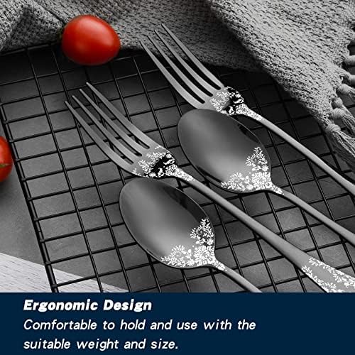 Colheres de 24 peças e garfos definidos com padrão único, talheres de aço inoxidável, LaienLife Conjunto moderno de 12 falhas de colheres, para restaurante de jantar em casa, lava -louças de espelho polido - preto - preto