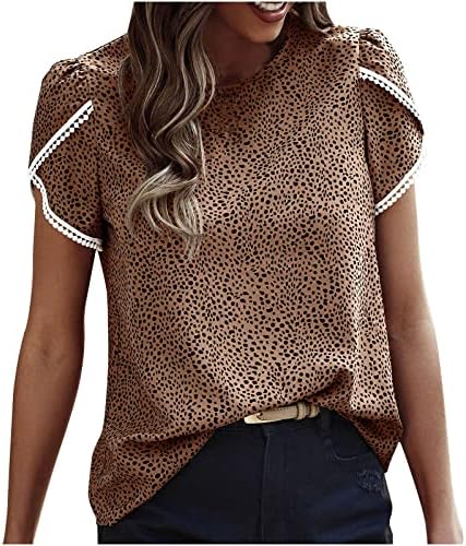 Mulheres Mulheres de manga curta Boat algodão pescoço de leopardo lounge solto ajuste relaxado blusa de camiseta para meninas az