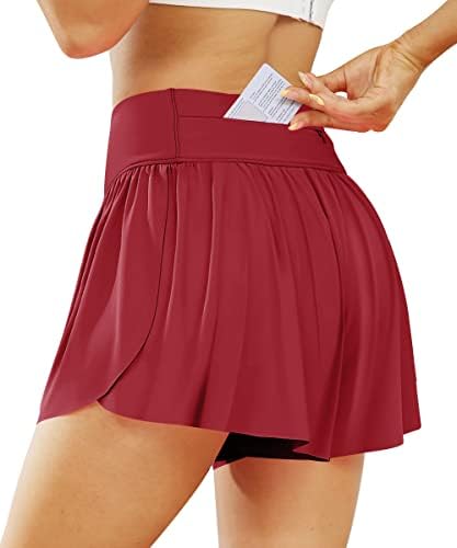 Autometes femininos 2 em 1 Flowy Summer Athletic High Wisty Treping Running Biker Shorts com zíper bolso de ginástica saias