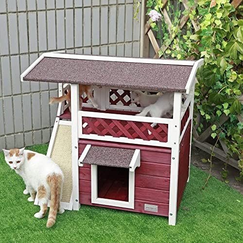 Evedy Cat Shelter ao ar livre com porta de fuga à prova de chuva do lado de fora da casa do gato 2, casa de gatos para gatos ao ar livre à prova de intempéries com bloco de arranhões e porta de fuga