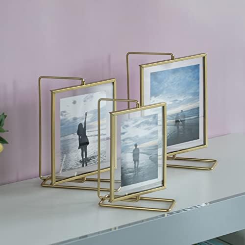 Fabulaxe Gold Modern Modern Metal Flutuating Photo Frame com tampa de vidro e suporte de fiação grátis, 5 x 7