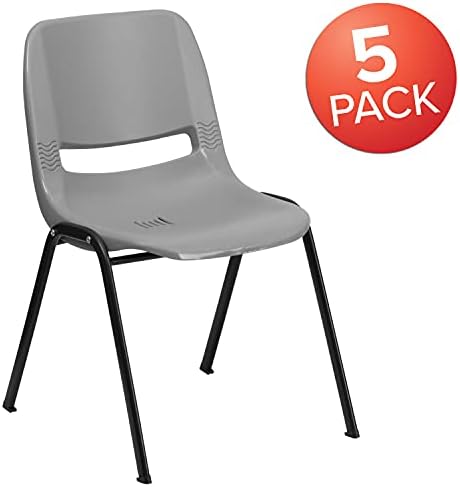 Flash Furniture 5 Pack Hercules Series 880 lb. Capacidade de cadeira de pilha de concha ergonômica cinza com moldura preta