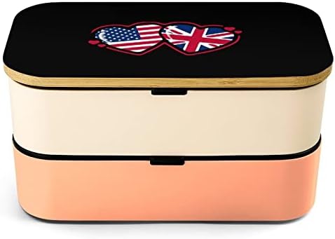 American e British Flag Heart Double Camada Bento lancheira com utensílios de utensílios de almoço empilhável Inclui