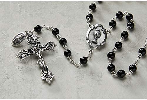 Elysian Gift Shop Primeira comunhão Rosário italiano Rosário com contas de vidro preto, crucifixo de videira prateada