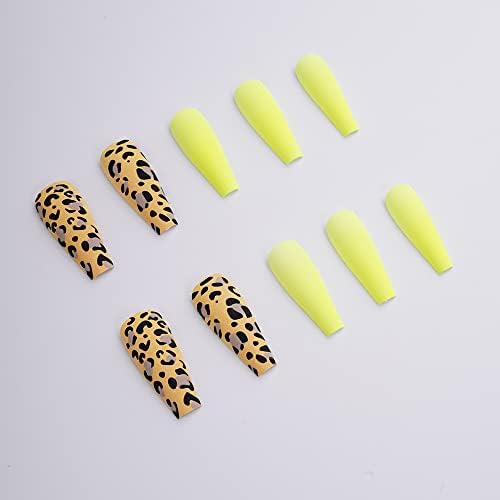 Xerling 24pcs Long Coffin Nails Pressione em unhas falsas com designs de leopardo para mulheres Amarelo Ballerina Matte Capa completa