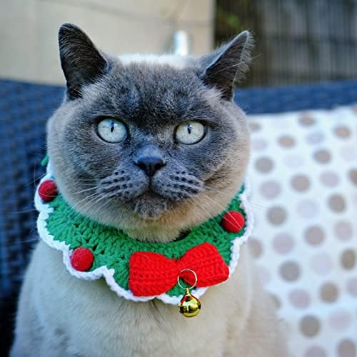 Mesas falantes Cola de gato de Natal de crochê vermelho e verde com Bell | Acessórios para animais de estimação para Natal, tamanho pequeno - médio